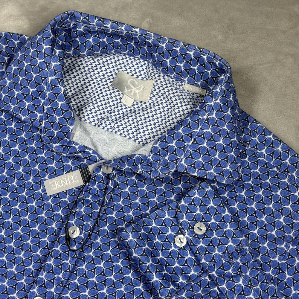 Stone Rose Knit Button Down Mens L Blue Geometric Floral NUE‎ 8024-410 Shirt